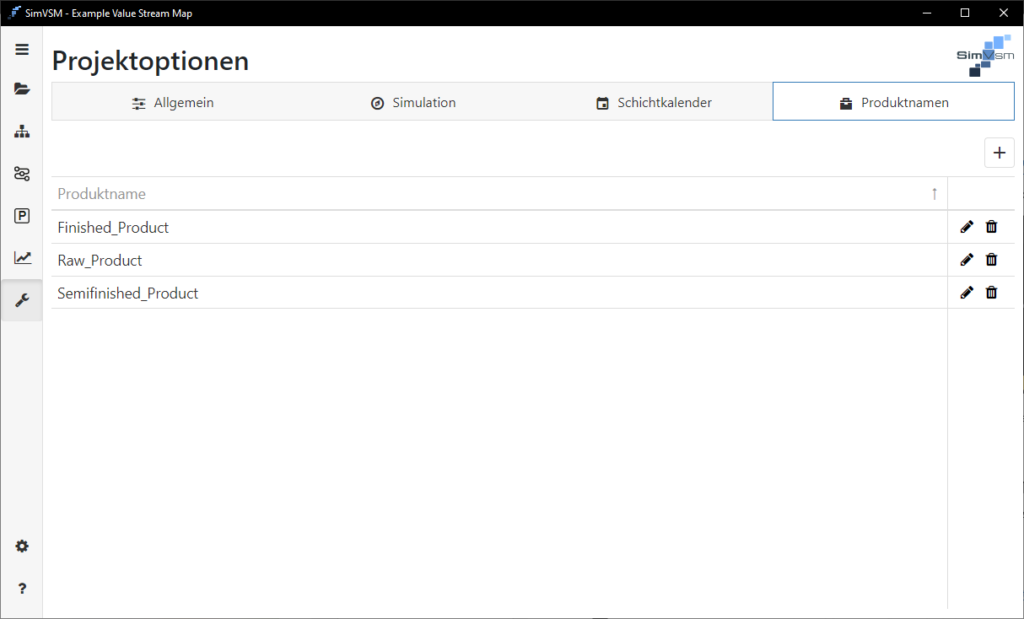 Projekteinstellungen SimVSM