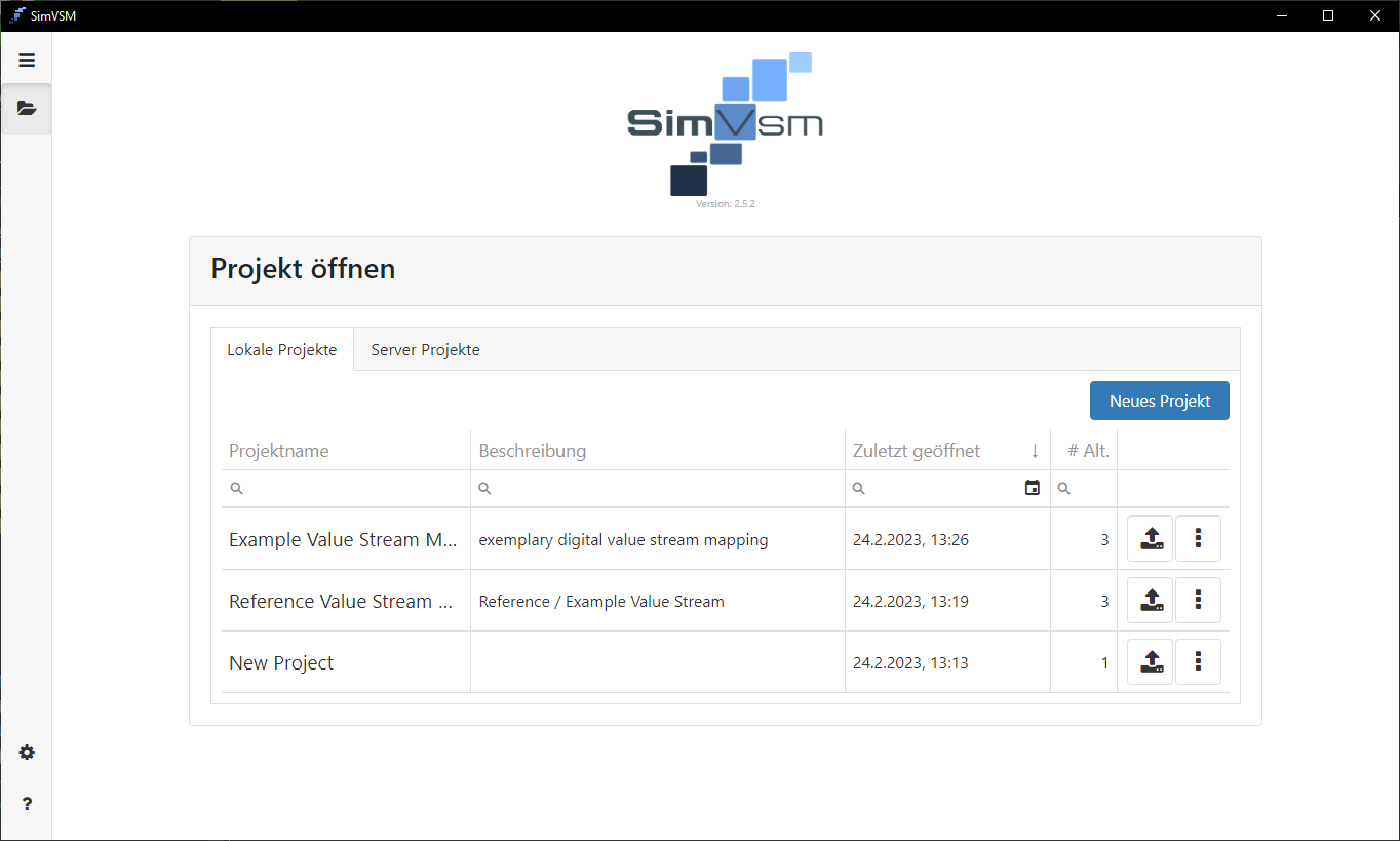 SimVSM Anlegen und verwalten von Projekten